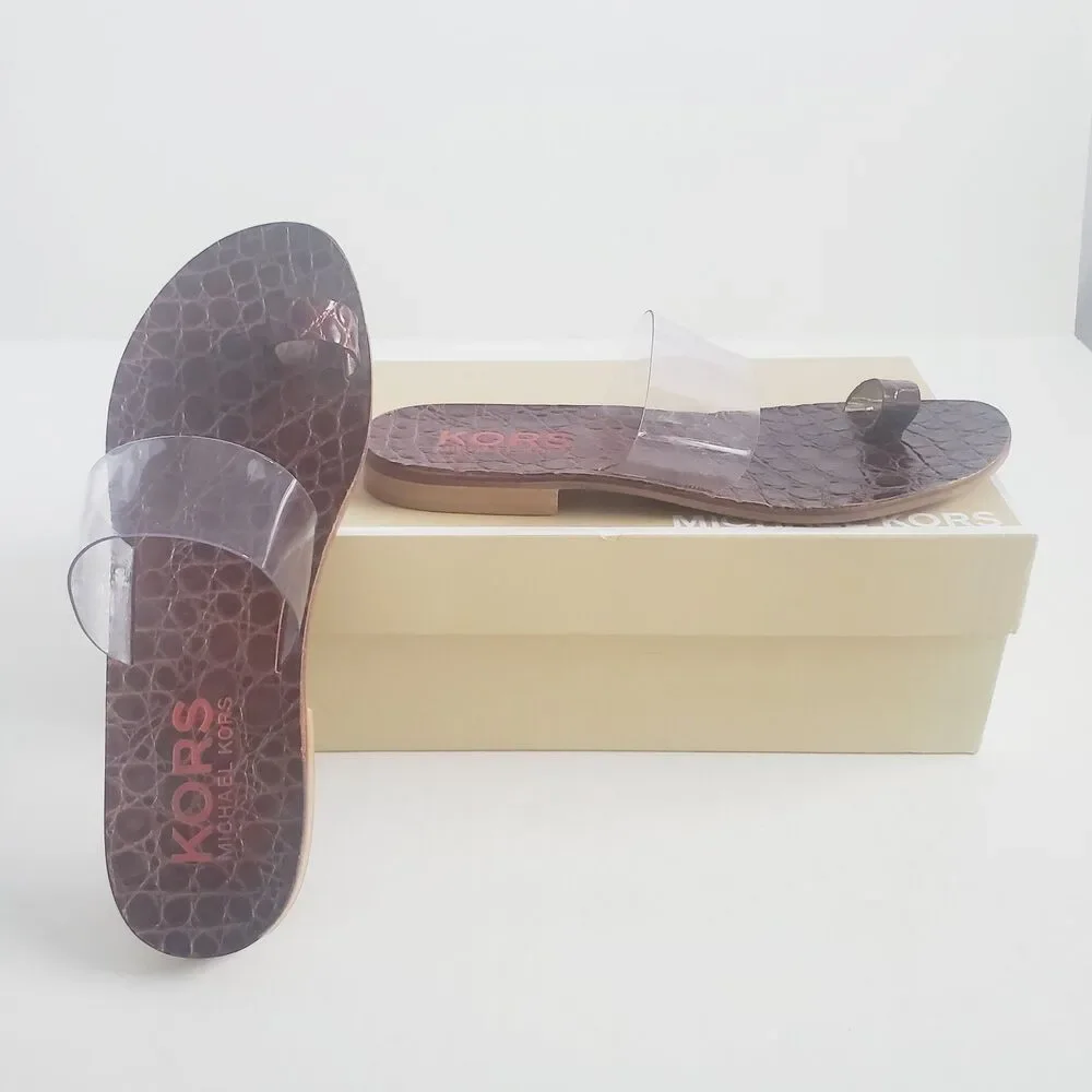 KORS Michael Kors Sandals Size 7M Clear Strap Toe Loop Croc Embossed Slides